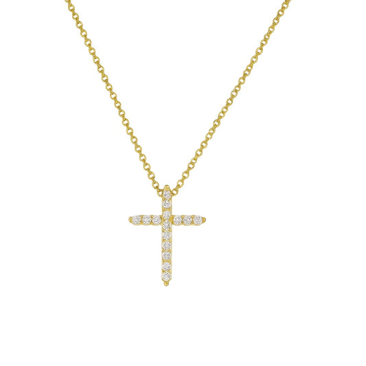 Gold-tone necklace with cross pendant set with clear CZ stones on a chain