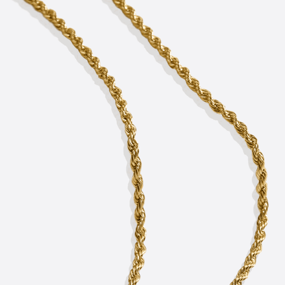 Gold rope chain necklace detail, vertical links