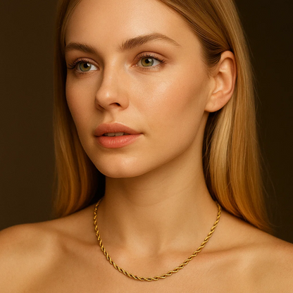 Gold rope chain necklace worn on model, angled close-up