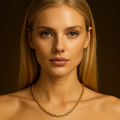 Gold rope chain necklace worn on model's neck