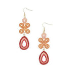 Coral and pink beaded drop earrings with flower top and teardrop crystal charm