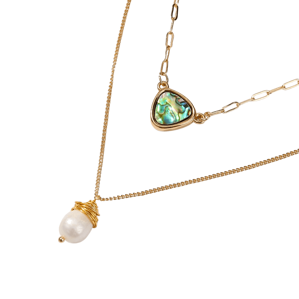 Two-layer gold necklace with abalone heart pendant and round white pearl drop