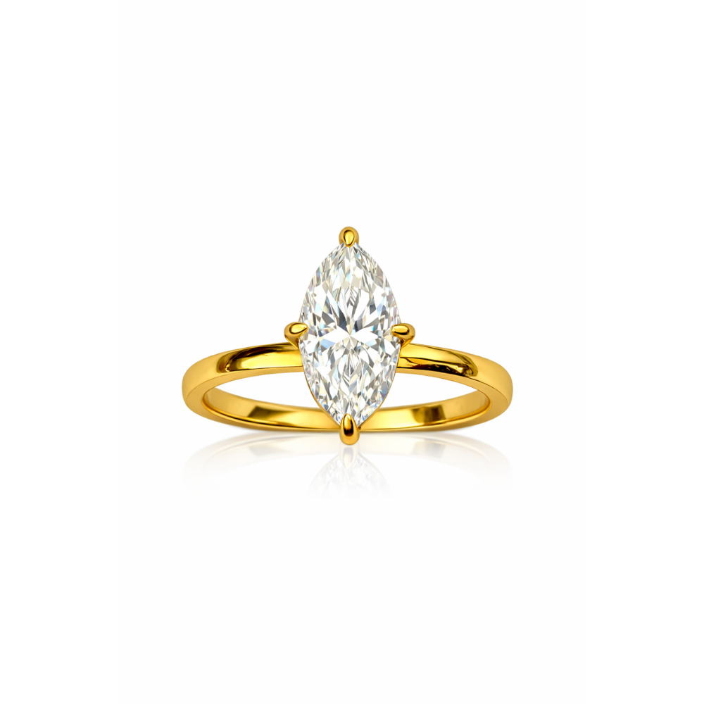 Gold solitaire ring with marquise-cut clear gemstone