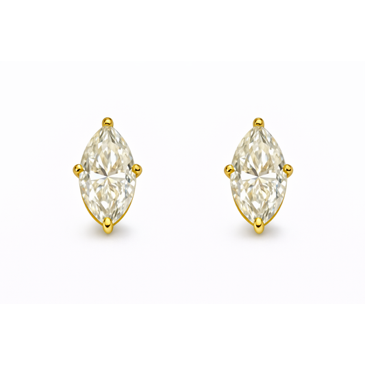 Gold marquise solitaire stud earrings with marquise-cut stones and gold prongs