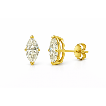 Gold marquise solitaire stud earrings, side view showing post and prong-set stones