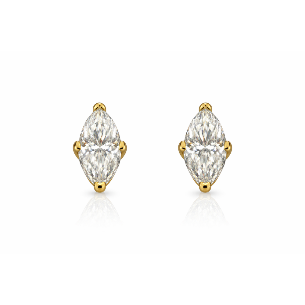 Gold marquise solitaire stud earrings with clear marquise-cut stones in prong settings