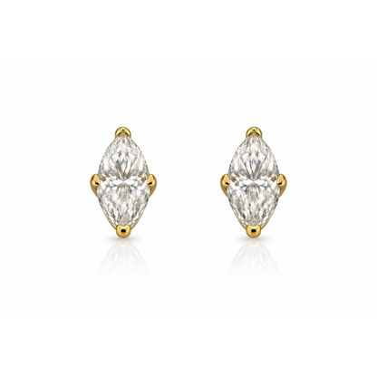Gold marquise solitaire stud earrings with clear marquise-cut stones in prong settings