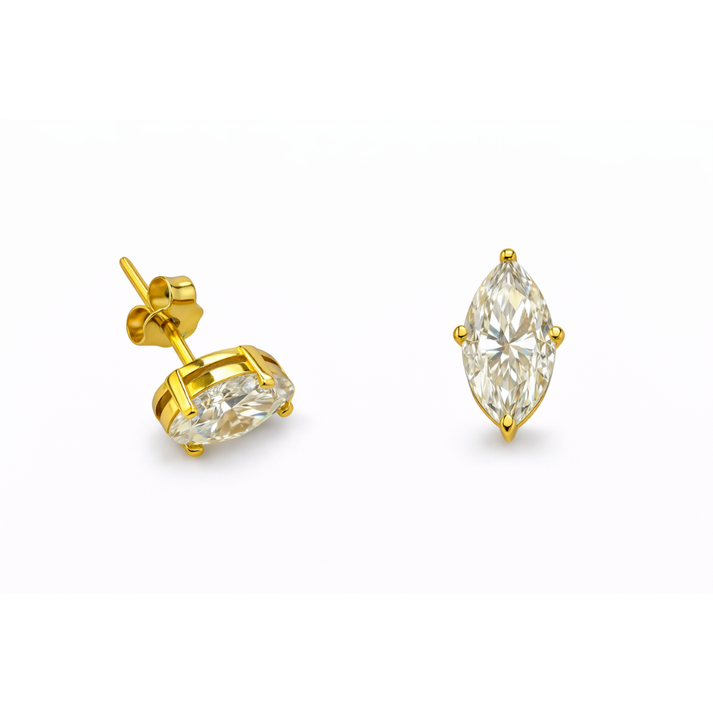 Gold marquise solitaire stud earrings with clear stones and butterfly back clasps
