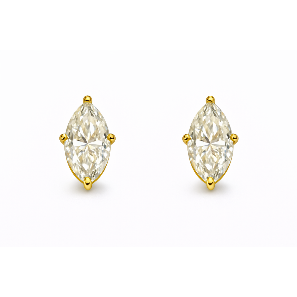 Gold marquise solitaire stud earrings with marquise-cut stones and gold prongs