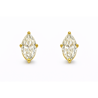Gold marquise solitaire stud earrings with marquise-cut stones and gold prongs