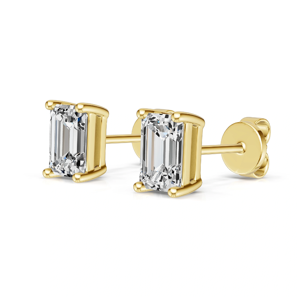 Gold vermeil emerald-cut stud earrings shown from side with post backs