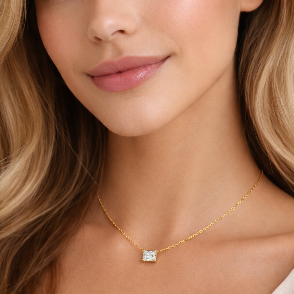 Gold vermeil emerald-cut moissanite pendant necklace with square pendant detail