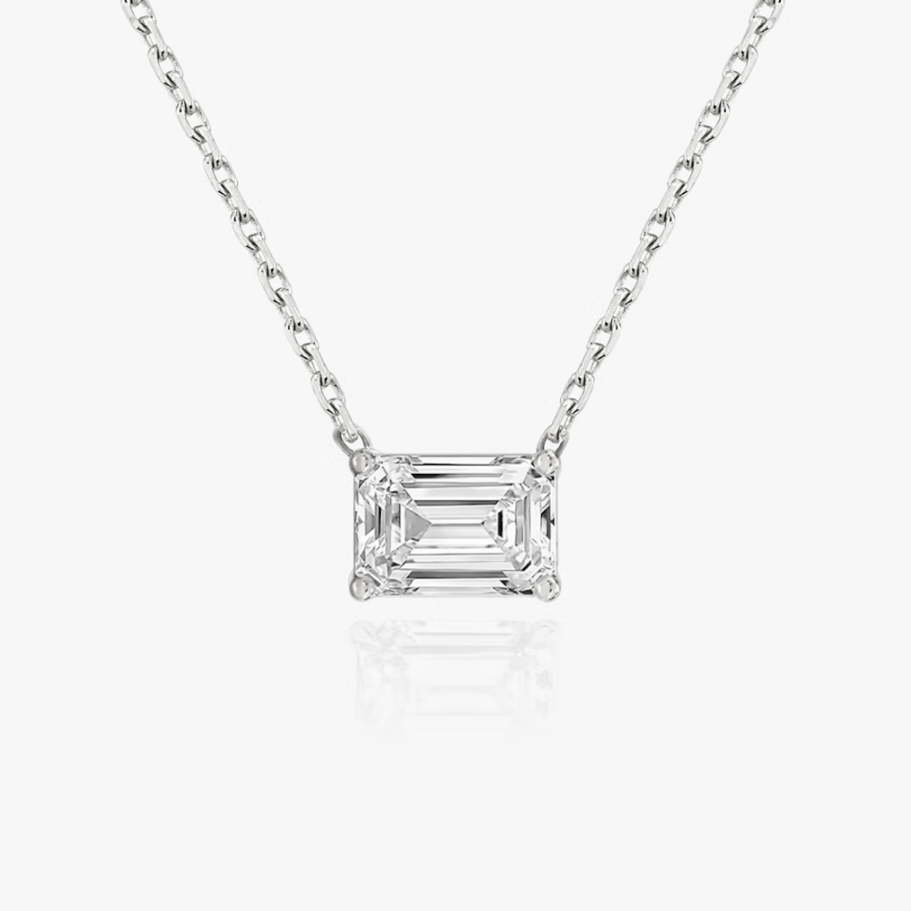 Silver-tone emerald-cut moissanite pendant necklace, close-up front square stone