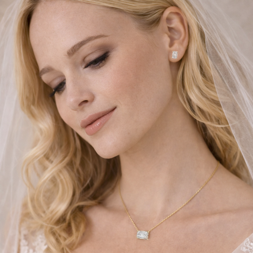 Gold vermeil emerald-cut moissanite pendant necklace on thin chain