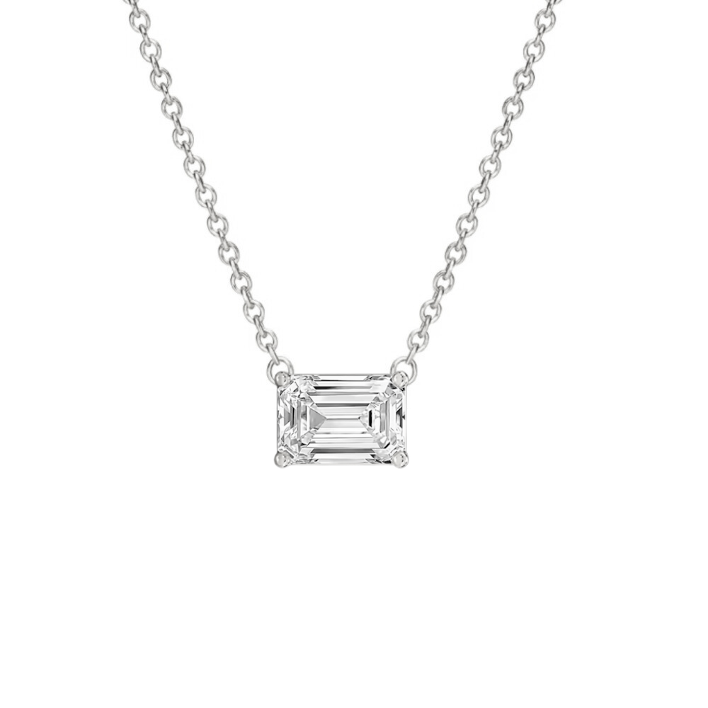 Silver-tone emerald-cut moissanite pendant necklace with square pendant