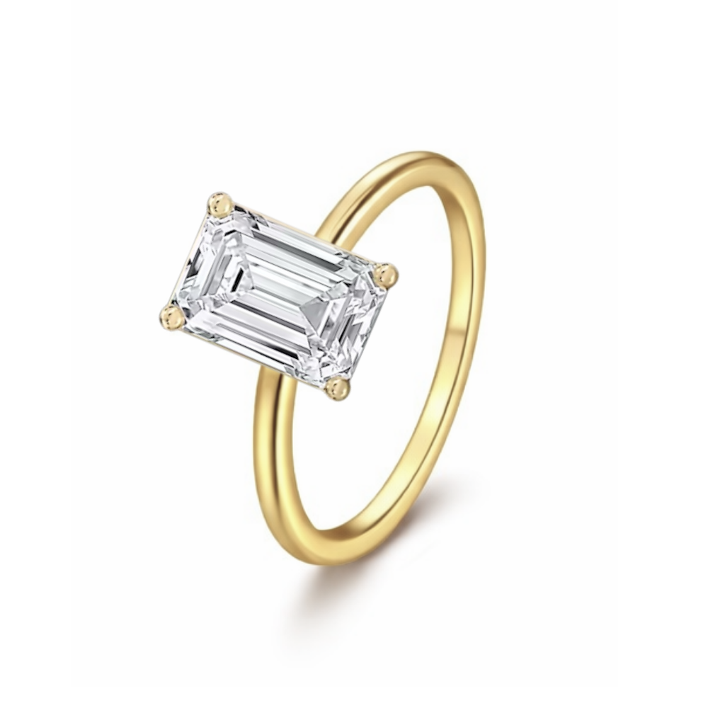 Gold vermeil emerald-cut solitaire ring side angle showing rectangular step-cut stone