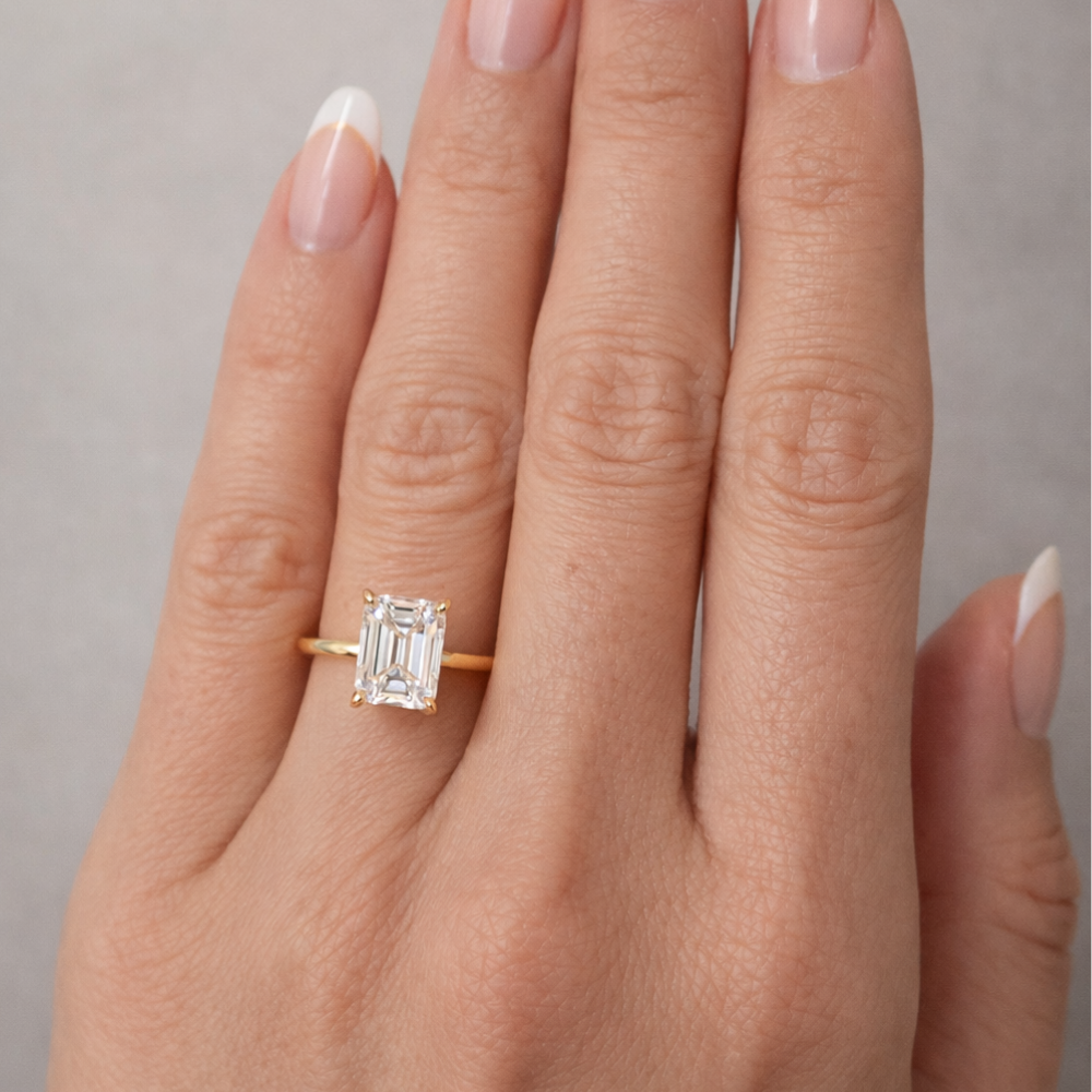 Gold vermeil emerald-cut solitaire ring with square stone and prong setting