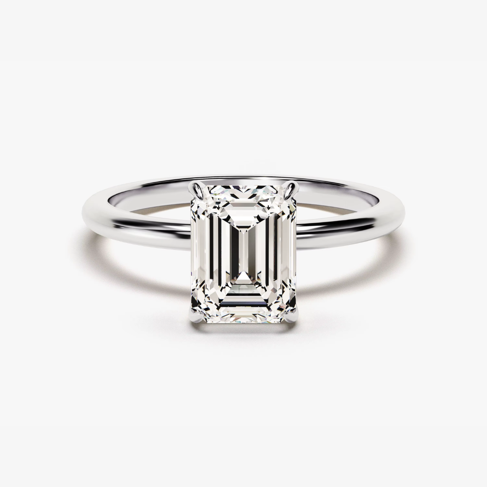 Silver-tone emerald-cut solitaire ring with square moissanite center stone