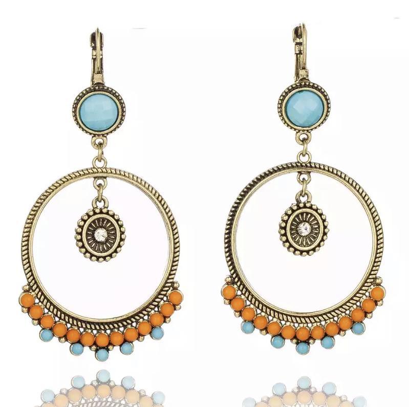 Gold boho hoop dangle earrings with turquoise cabochon and beaded fringe, round drop
