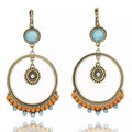 Gold boho hoop dangle earrings with turquoise cabochon and beaded fringe, round drop