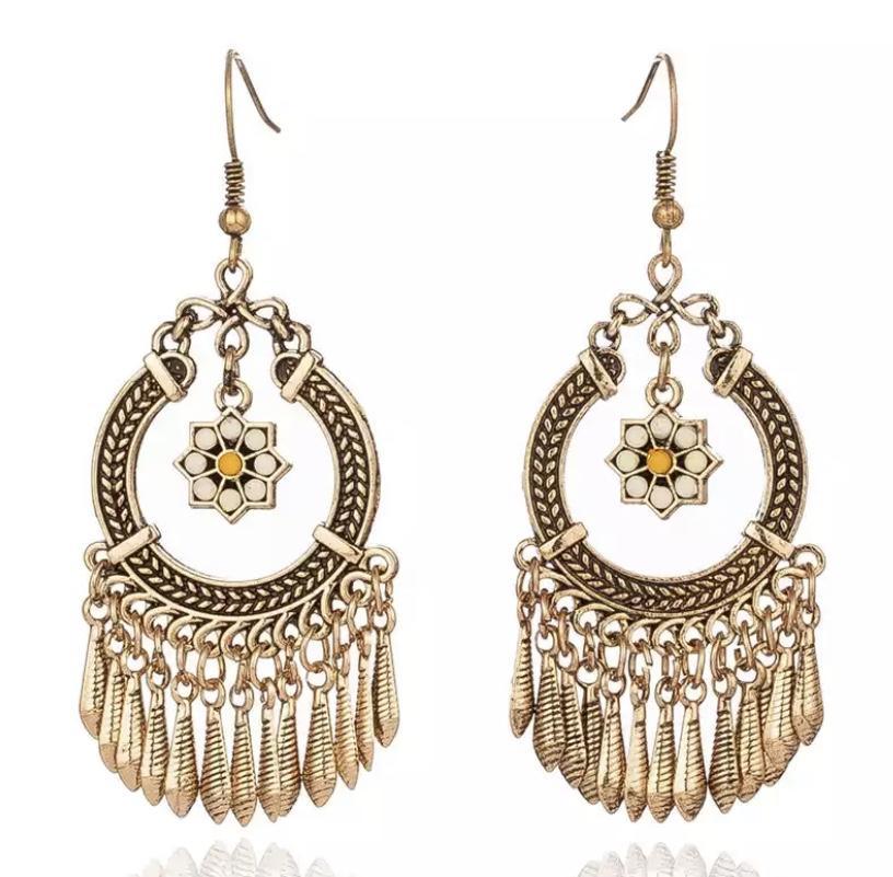 Gold-tone flower dangle earrings with hoop filigree and yellow center tassels