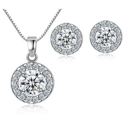 Cubic zirconia halo necklace with matching stud earrings, silver-tone circular crystals