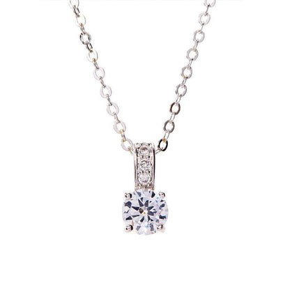 Cubic zirconia pendant necklace with round stone and vertical halo, silver-tone chain