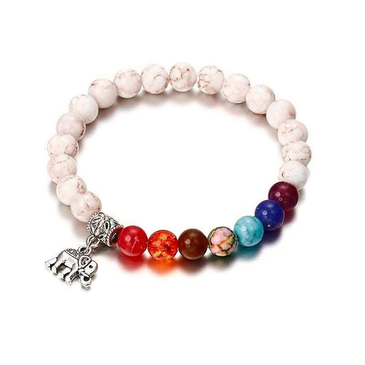 Yoga bracelet with pastel beaded strands, elephant charm and colorful round bead details
