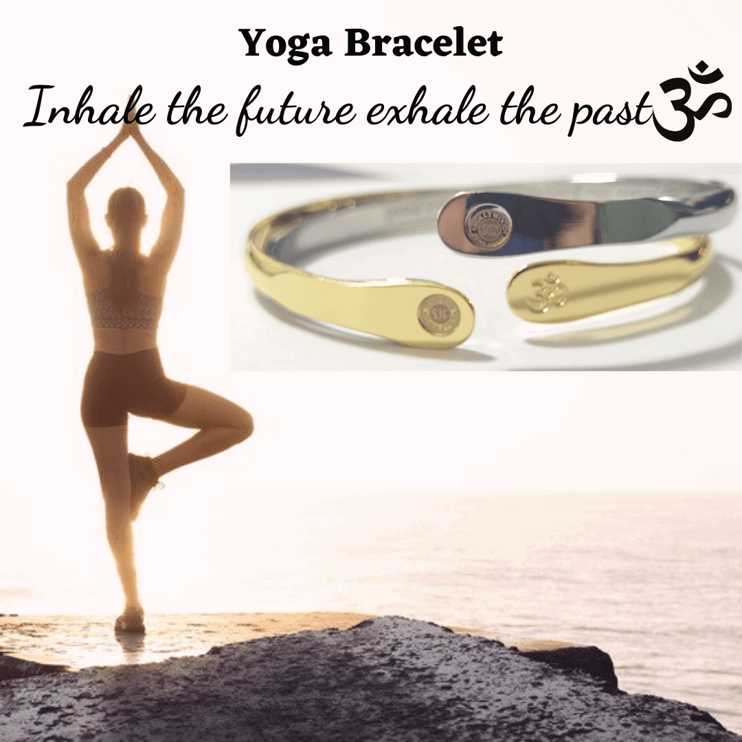 Gold yoga bracelet featuring engraved Om symbol and round stamped discs