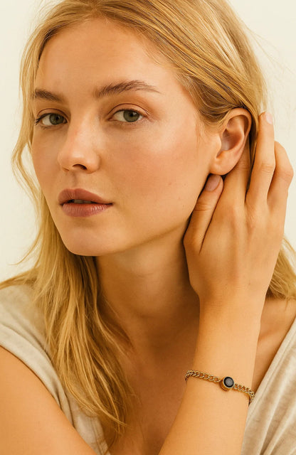 Link Chain Bracelet  with Black Crystal Charm