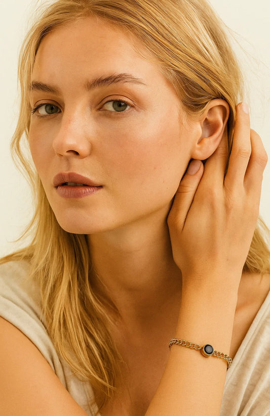 Link Chain Bracelet  with Black Crystal Charm