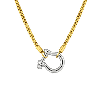 Lucky Lock Carabiner Necklace – Two-Tone Mixed Metal Horseshoe Pendant Chain