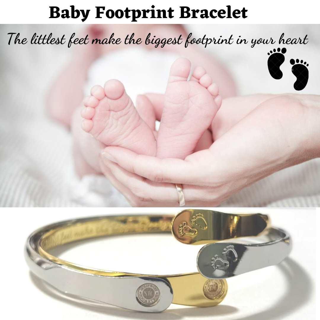Baby footprint bangle bracelets set, showing gold and silver bangles with oval footprint charm.