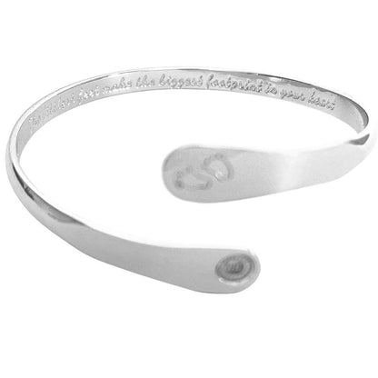 Silver baby footprint engraved cuff bracelet with side engraving and round hallmark