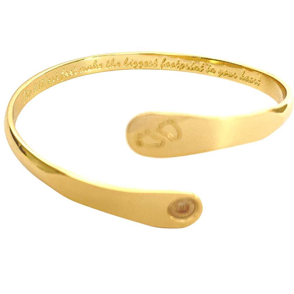 Gold baby footprint engraved cuff bracelet with side engraving and round hallmark