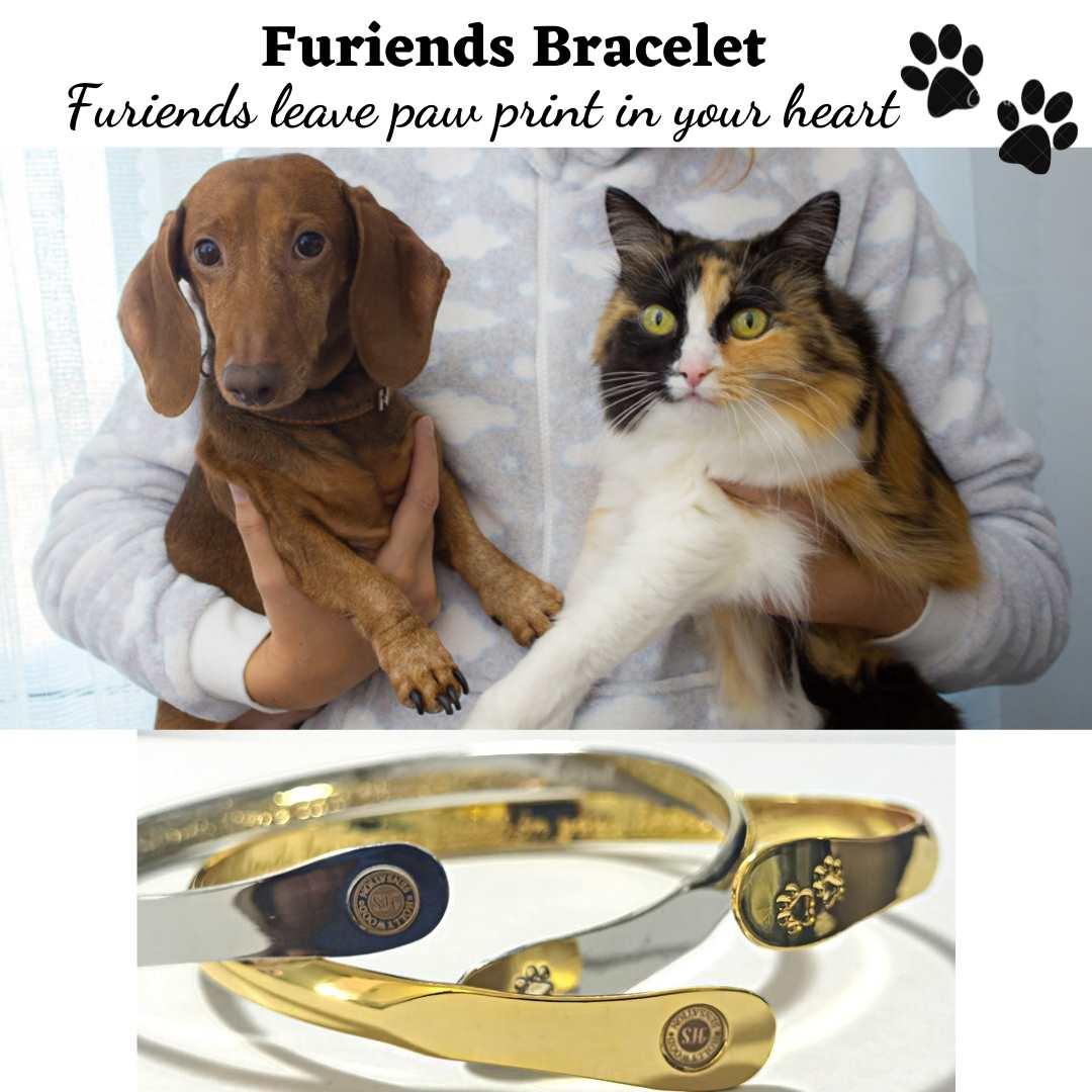 Gold pet paw-print bracelet with engraved paw center and oval logo plate